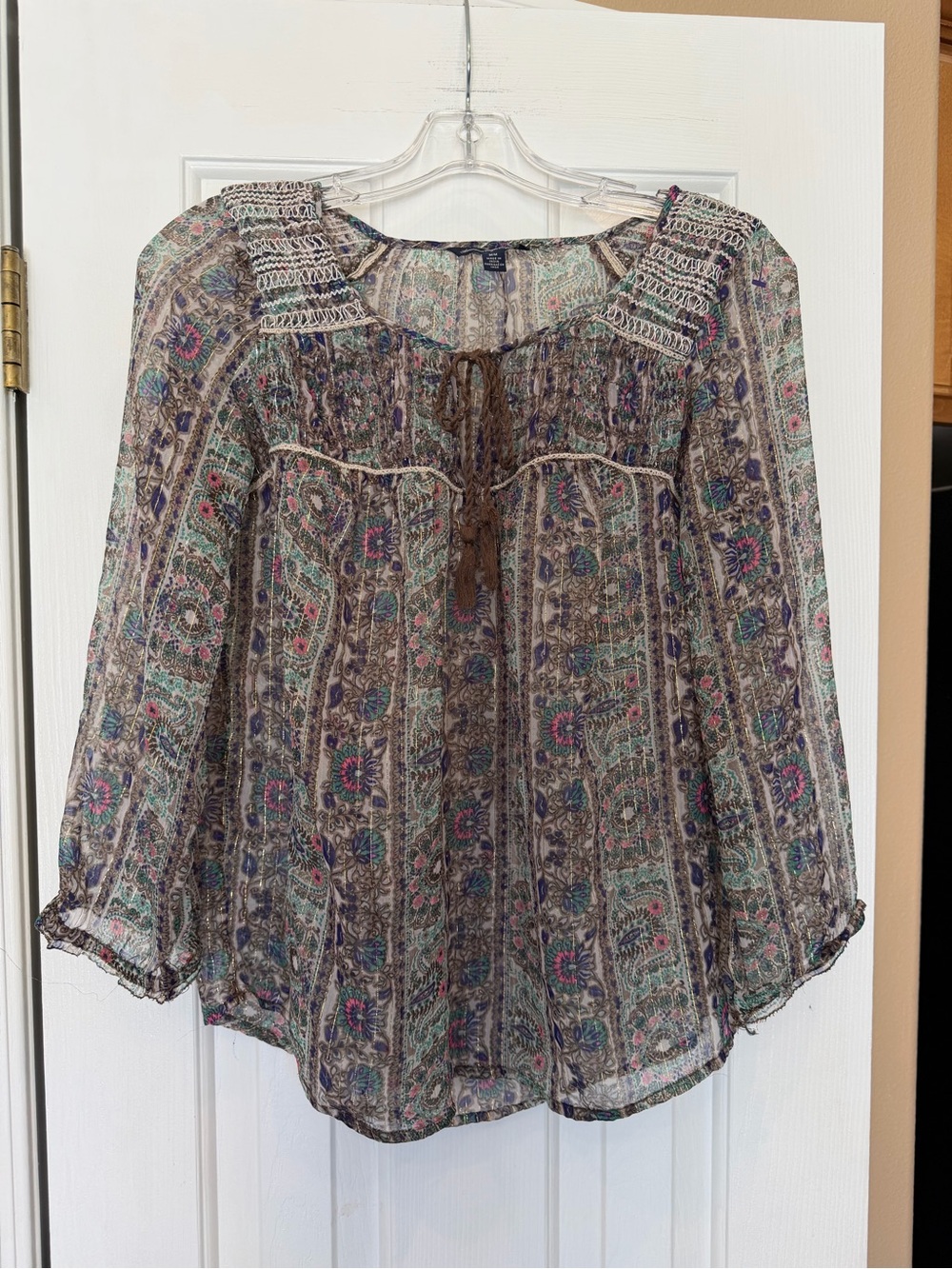 Bohemian Printed Peasant Blouse - Teal & Purple